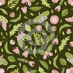Vector seamless spring pattern with flowers, bouquets, plants