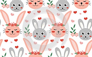 Vector seamless spring pattern with rabbits and plants. Easter pattern. cartoon bunnies