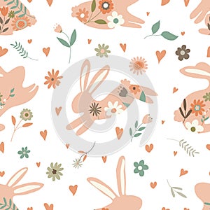 Vector seamless spring pattern with rabbits and plants. Easter pattern. cartoon bunnies