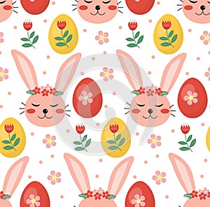 Vector seamless spring pattern with rabbits and plants. Easter pattern. cartoon bunnies