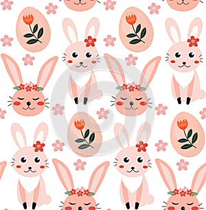 Vector seamless spring pattern with rabbits and plants. Easter pattern. cartoon bunnies