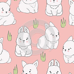 Vector seamless spring pattern with rabbits and plants. Easter pattern. cartoon bunnies