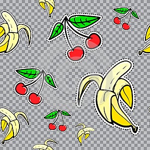 Vector seamless sticker pattern with bananas and cherries.