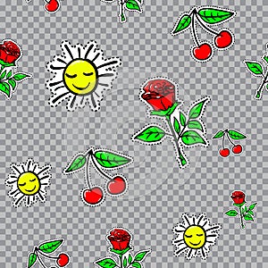 Vector seamless sticker pattern with cherries, sun and flower.
