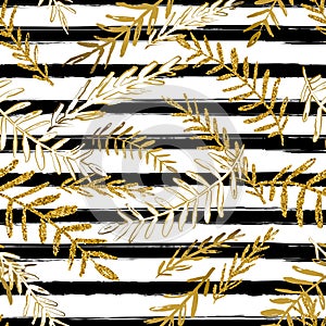 Vector seamless striped tropical pattern with gold leaves. Golden and white palm leaf on black stripes background.