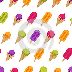 Vector seamless summer pattern with colorful cones ice cream and ice lolly.