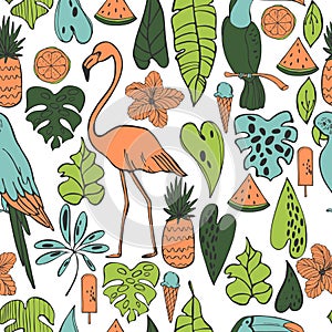 Vector  summer pattern  with flamingo, parrot and  tropical plants