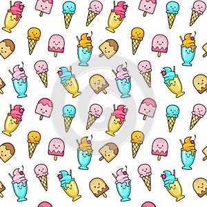 Vector seamless summer pattern with ice cream. Cones ice cream and ice lolly on white background. Frozen desserts.