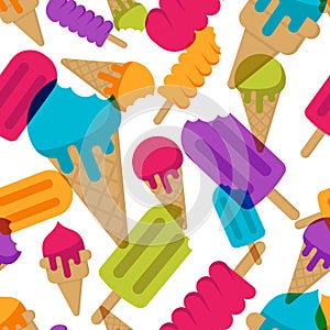 Vector seamless summer pattern with multicolor ice cream. Cones ice cream and ice lolly on white background.