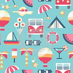 Vector seamless summer travel pattern. Beach vacation flat style elements, retro bus, flowers, balloon, tent, ice-cream