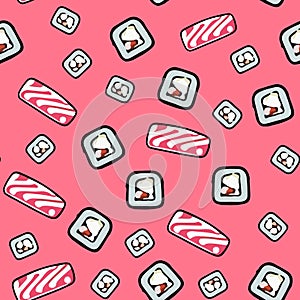 Vector seamless sushi pattern on pink.