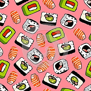 Vector seamless sushi pattern on a salmon background.
