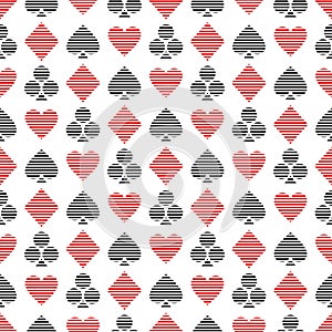 Vector seamless symmetrical pattern with black and red lined playing card symbols on the white background.