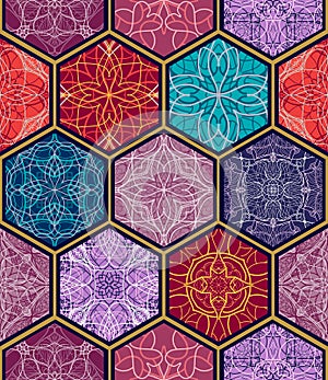 Vector seamless texture. Beautiful mega patchwork mosaic pattern for design and fashion with decorative elements in hexagon shapes