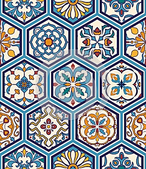 Vector seamless texture. Beautiful mega patchwork pattern for design and fashion with decorative elements in hexagon