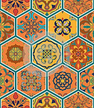 Vector seamless texture. Beautiful patchwork pattern for design and fashion with decorative elements in hexagon