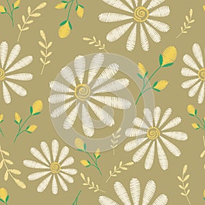 Vector seamless texture. Embroidery floral design with camomiles. Decorative pastel flowers pattern