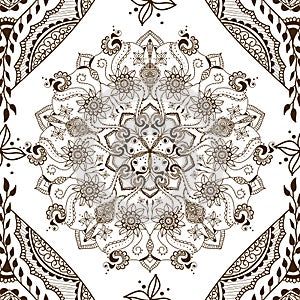 Vector seamless texture with floral mandala in indian style. Mehndi ornamental background