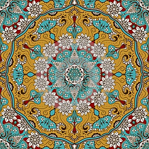 Vector seamless texture with floral mandala in indian style. Mehndi ornamental background