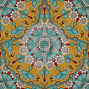 Vector seamless texture with floral mandala in indian style. Mehndi ornamental background