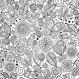 Vector seamless texture made of natural elements. Pattern of flowers, leaves and butterflies stylized in folk style