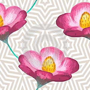 Vector seamless texture, watercolor floral pattern with pink cosmos flowers