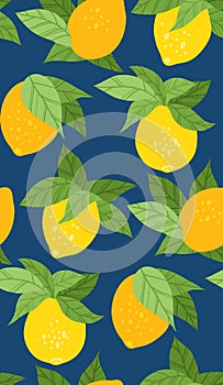 Vector seamless texture with yellow lemons with foliage on a blue background. Contrasting texture with sour fruits. Summer