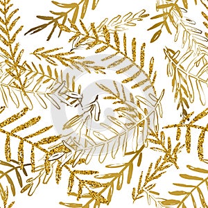 Vector seamless tropical pattern with gold leaves. Golden and white palm leaf background. Trendy summer design.