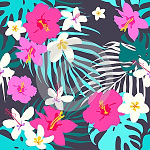 Vector seamless tropical pattern, vivid tropic foliage, with monstera leaf, palm leaves, plumeria flowers, hibiscus in bloom. Mode