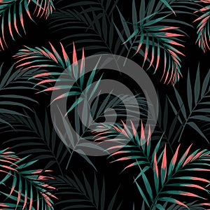 Vector seamless tropical pattern, vivid tropic foliage, with palm leaves