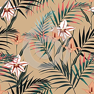 Vector seamless tropical pattern, vivid tropic foliage, with palm leaves, bird of paradise flower, orchid in bloom.