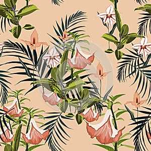 Vector seamless tropical pattern, vivid tropic foliage, with palm leaves, bird of paradise flower, orchid in bloom.