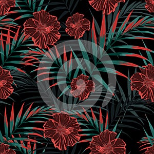 Vector seamless tropical pattern, vivid tropic foliage, with palm leaves, tropical hibiscus flower in bloom.