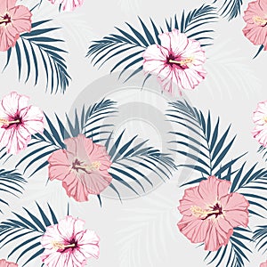 Vector seamless tropical pattern, vivid tropic foliage, with palm leaves, tropical pink hibiscus flower in bloom. Modern bright su