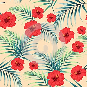Vector seamless tropical pattern, vivid tropic foliage, with palm leaves, tropical red hibiscus flower in bloom.