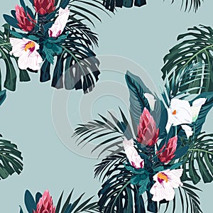 Vector seamless tropical pattern, vivid tropic foliage, with palm monstera, bananas leaves and hibiscus flowers.