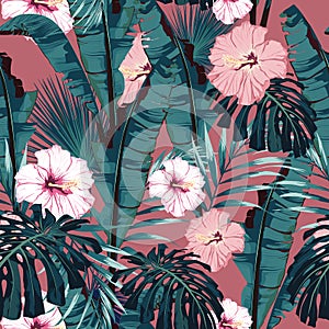 Vector seamless tropical pattern, vivid tropic foliage, with palm monstera, bananas leaves and hibiscus flowers.