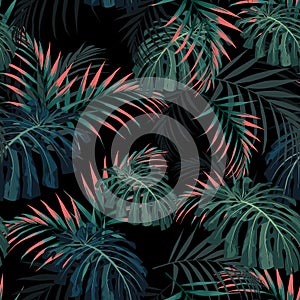 Vector seamless tropical pattern, vivid tropic foliage, with palm monstera leaves.