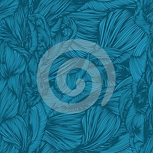 Vector seamless turquoise wave doodle hand drawn pattern.