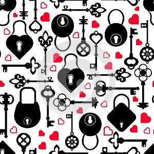 Vector seamless valentine day, love, romance pattern with hearts, keys and lockers. Red, black and white colors, like