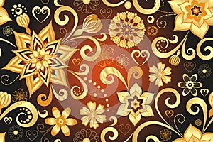 Vector seamless valentine floral pattern with gold vintage curls