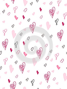 Vector seamless valentine`s day love pattern from doodle hand drawn hearts