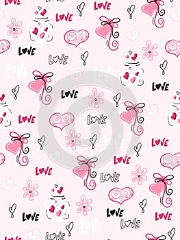 Vector seamless valentine`s day pattern from doodle hand drawn hearts, flovers and love labels