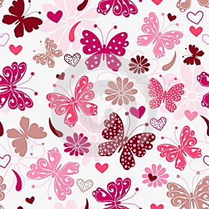 Vector seamless valentines pattern with pink hearts and dotty butterflies and flowers in doodle style