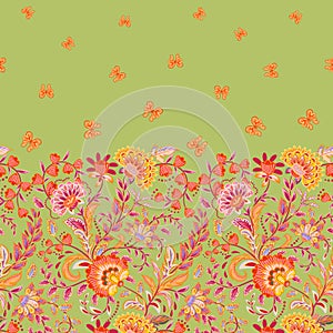 Vector seamless vertical pattern with Decorative pink brown strawberry and butterfly ornament on white background, hand