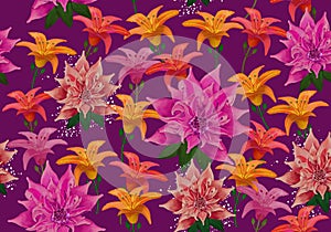 Vector Seamless Vibrant, Colorful Floral Pattern on a Purple Background