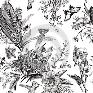 Vector seamless vintage floral pattern. Exotic flowers and birds.