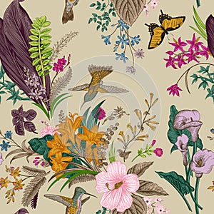 Vector seamless vintage floral pattern. Exotic flowers and birds.