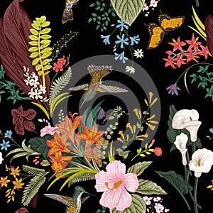 Vector seamless vintage floral pattern. Exotic flowers and birds.