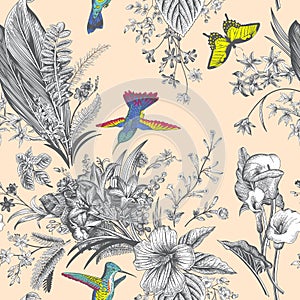 Vector seamless vintage floral pattern. Exotic flowers and birds.